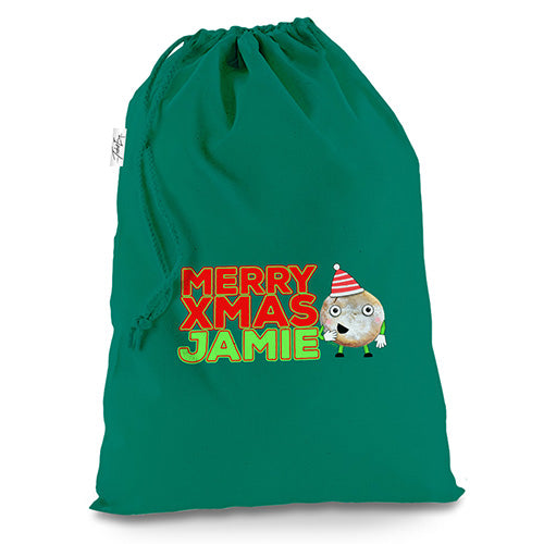 Personalised Cartoon Christmas Mince Pie Green Christmas Present Santa Sack Mail Post Bag