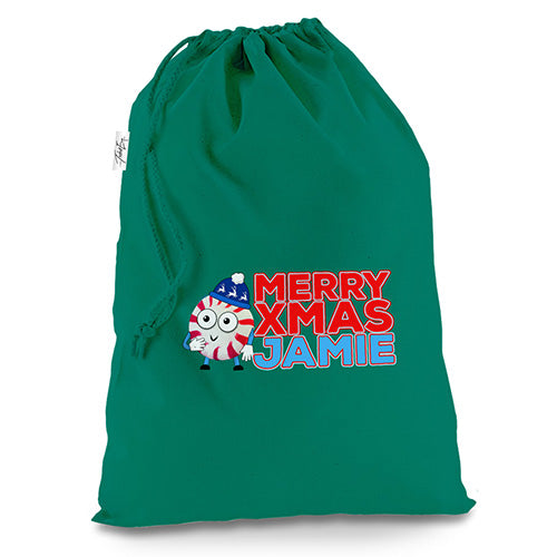 Personalised Cartoon Christmas Peppermint Candy Green Christmas Present Santa Sack Mail Post Bag