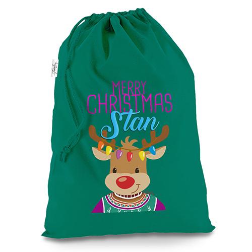 Personalised Christmas Reindeer Sweater Green Christmas Santa Sack Gift Bag