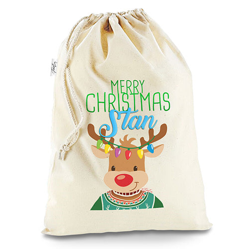 Personalised Christmas Reindeer Sweater White Santa Sack Christmas Stocking Gift Bag