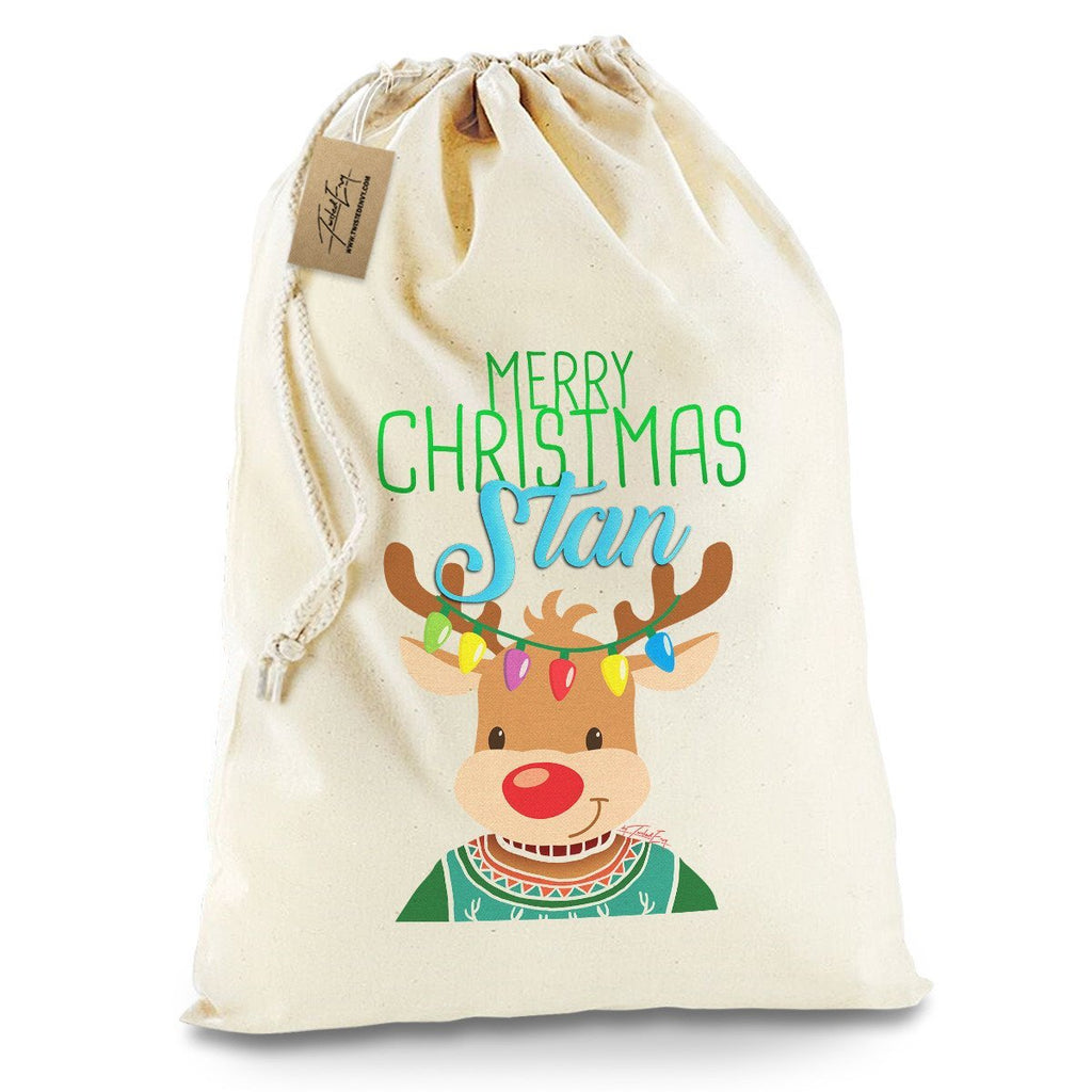 Personalised Christmas Reindeer Sweater White Santa Sack Christmas Stocking Gift Bag
