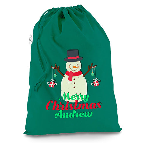 Personalised Merry Christmas Snowman Baubles Green Christmas Santa Sack Mail Post Bag