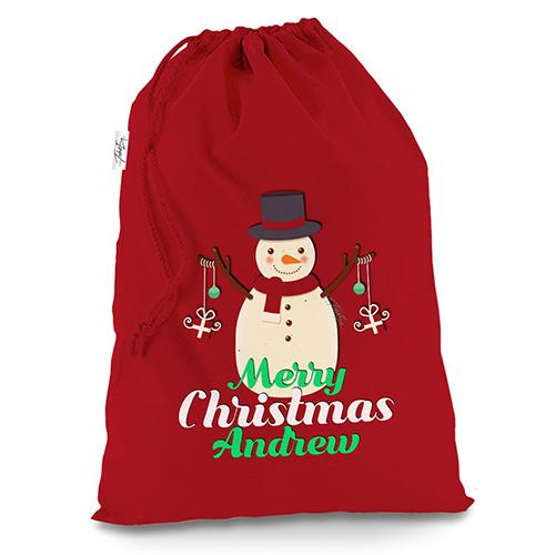 Personalised Merry Christmas Snowman Baubles Red Christmas Present Santa Sack Mail Post Bag