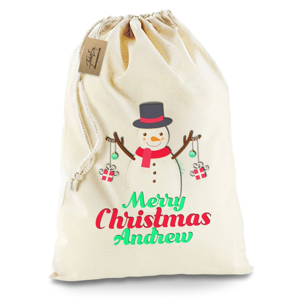 Personalised Merry Christmas Snowman Baubles White Christmas Santa Present Sack