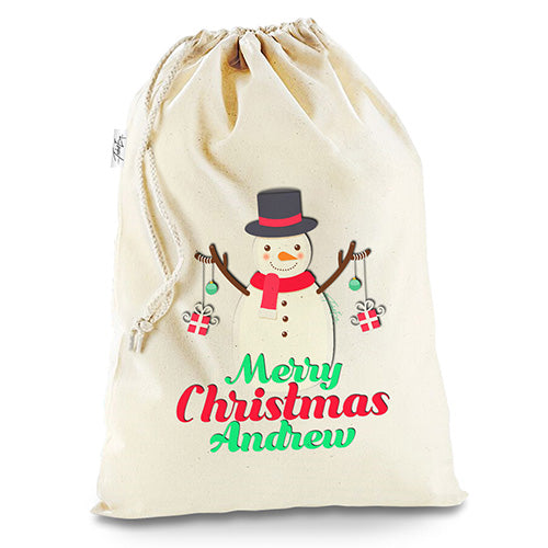 Personalised Merry Christmas Snowman Baubles White Christmas Santa Present Sack