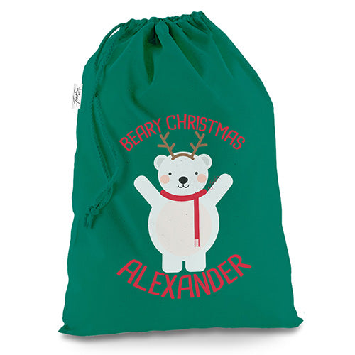 Personalised Beary Christmas Bear Green Christmas Santa Sack Gift Bag