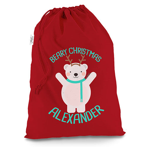 Personalised Beary Christmas Bear Red Christmas Present Santa Sack Mail Post Bag