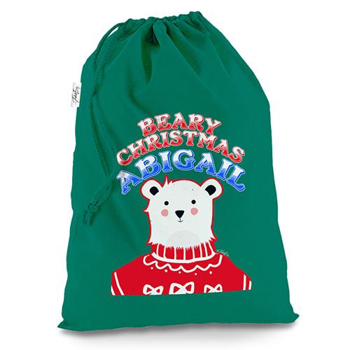 Personalised Polar Bear Christmas Jumper Green Christmas Santa Sack Mail Post Bag