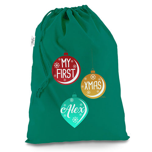 Personalised My First Xmas Christmas Baubles Green Christmas Santa Sack Gift Bag