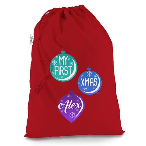 Personalised My First Xmas Christmas Baubles Red Christmas Santa Sack Mail Post Bag