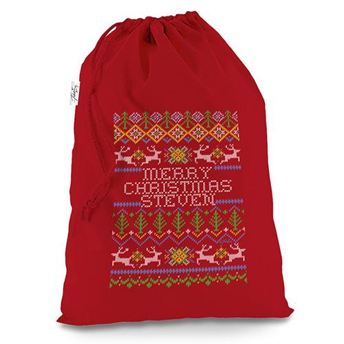 Personalised Ugly Christmas Jumper Trees Red Christmas Santa Sack Gift Bag