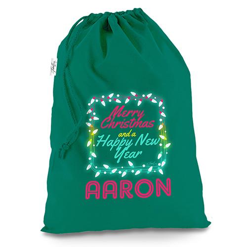 Personalised Merry Christmas Lights Green Christmas Santa Sack Gift Bag