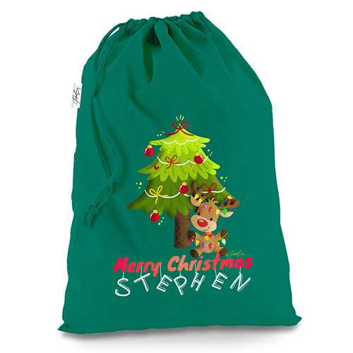 Personalised Merry Christmas Reindeer Tree Green Christmas Present Santa Sack Mail Post Bag