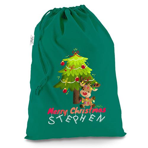Personalised Merry Christmas Reindeer Tree Green Christmas Santa Sack Mail Post Bag