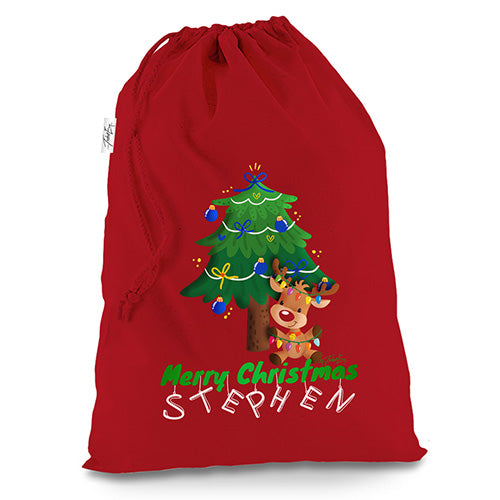 Personalised Merry Christmas Reindeer Tree Red Christmas Santa Sack Gift Bag