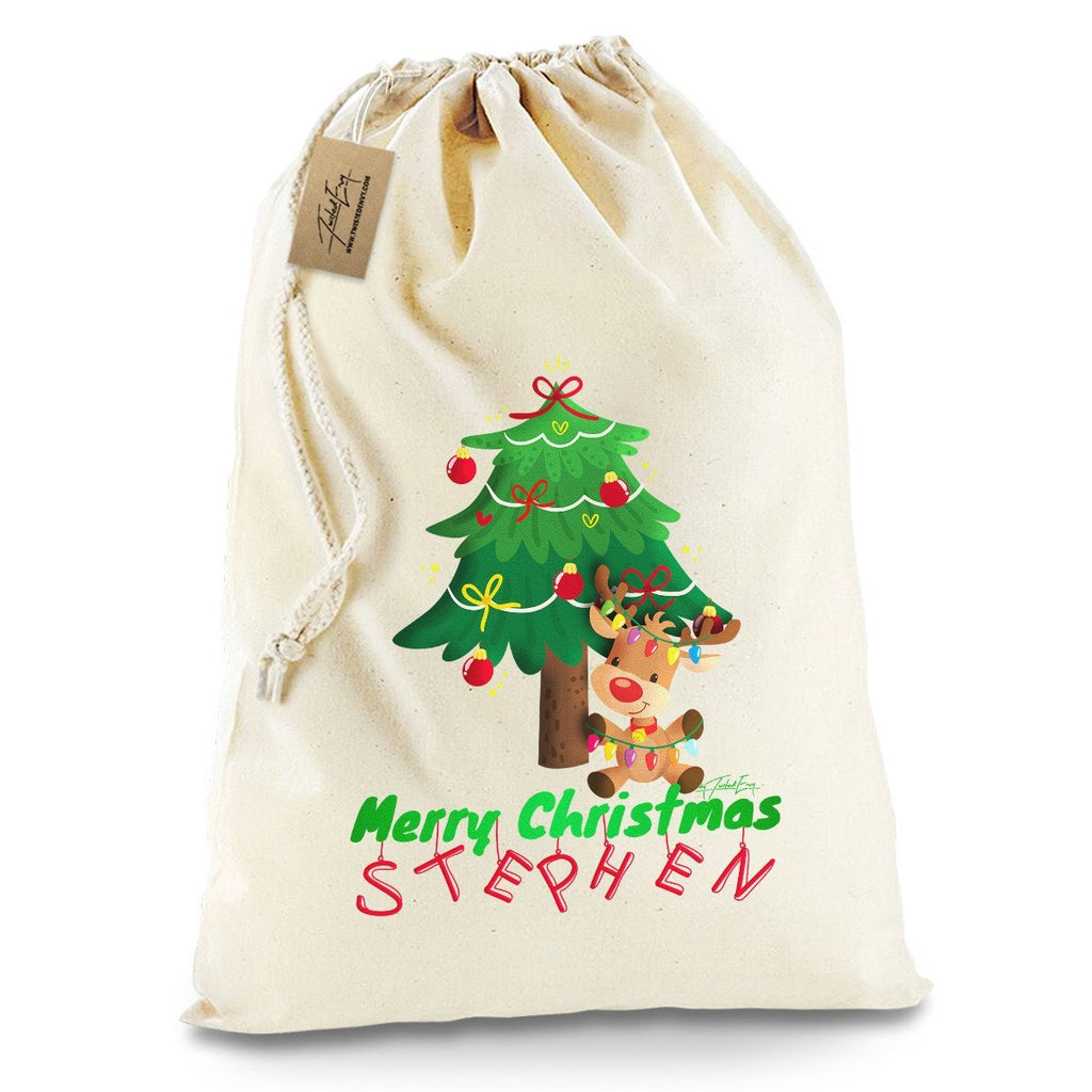 Personalised Merry Christmas Reindeer Tree White Christmas Santa Present Sack