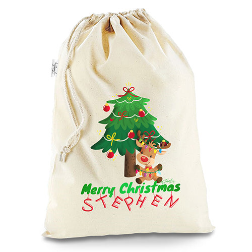 Personalised Merry Christmas Reindeer Tree White Christmas Santa Present Sack