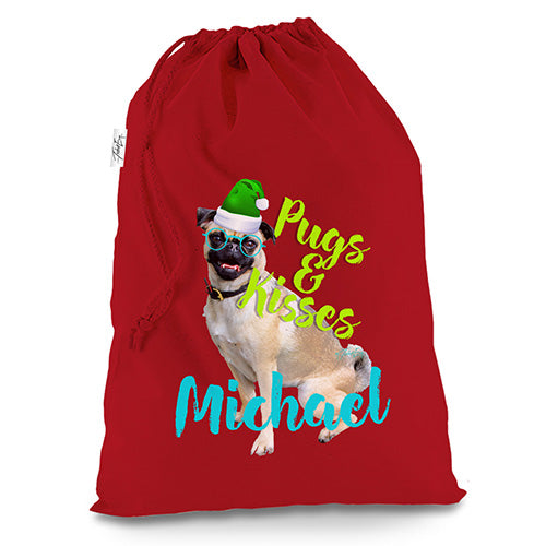 Personalised Pugs And Kisses Red Christmas Present Santa Sack Mail Post Bag