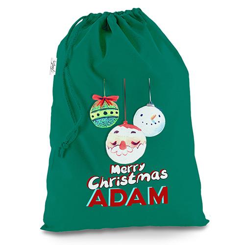 Personalised Christmas Santa Baubles Green Christmas Santa Sack Gift Bag