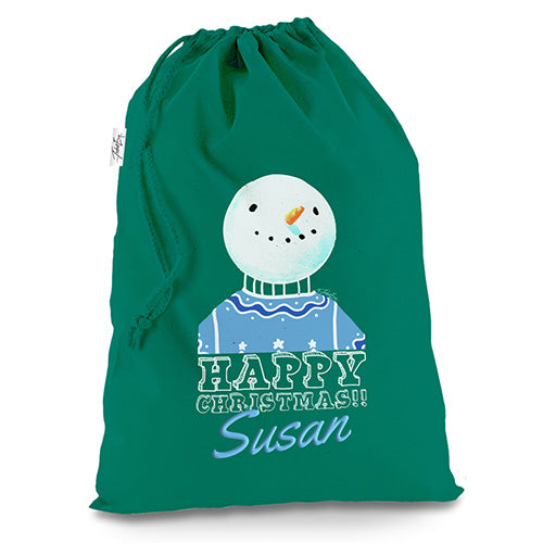 Personalised Christmas Snowman Jumper Green Christmas Santa Sack Mail Post Bag
