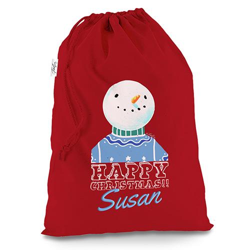 Personalised Christmas Snowman Jumper Red Christmas Santa Sack Gift Bag