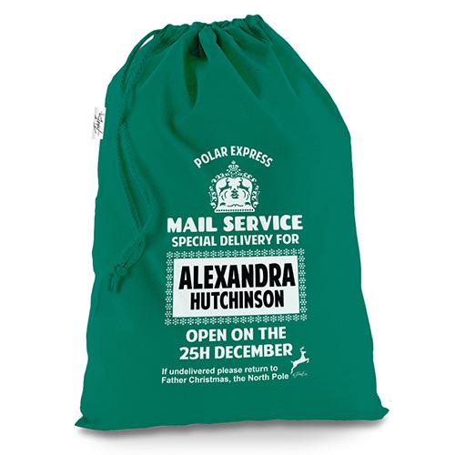 Personalised Polar Express Design Green Christmas Santa Sack Mail Post Bag