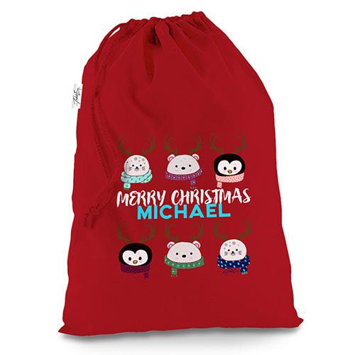 Personalised Cute Christmas Animals Red Luxury Christmas Santa Sack