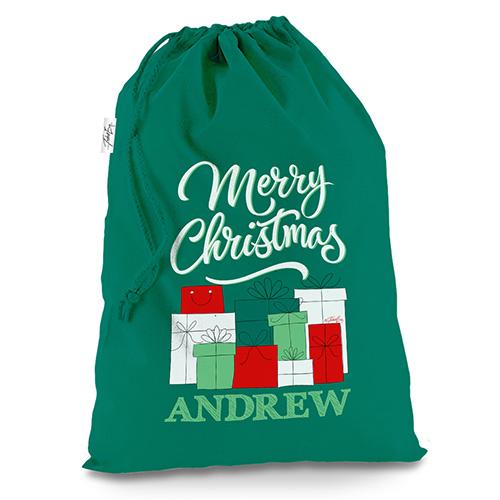 Personalised Christmas Presents Pile Green Christmas Santa Sack Gift Bag