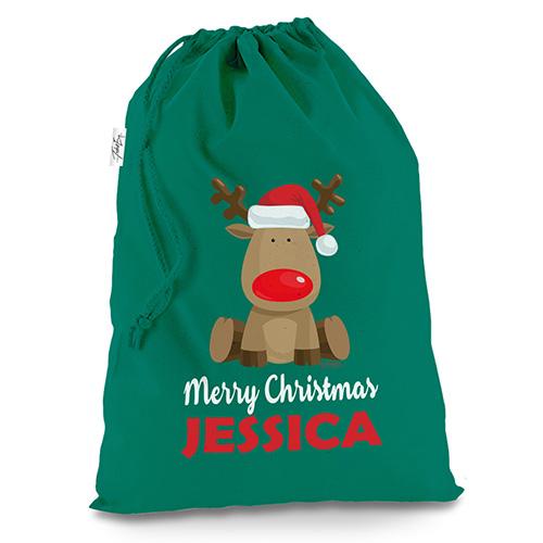 Personalised Merry Xmas Christmas Reindeer Green Christmas Santa Sack Mail Post Bag