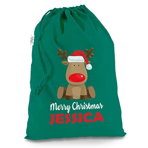 Personalised Merry Xmas Christmas Reindeer Green Christmas Santa Sack Gift Bag