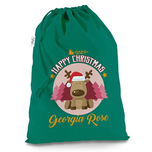 Personalised Christmas Reindeer Green Luxury Christmas Santa Sack
