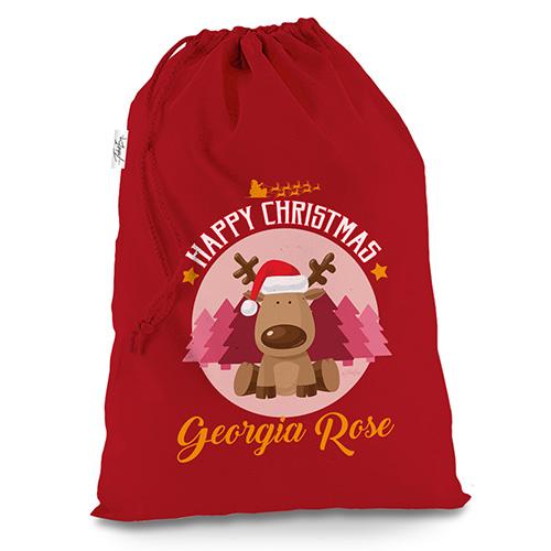 Personalised Christmas Reindeer Red Christmas Santa Sack Gift Bag