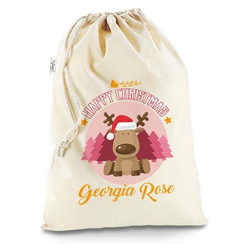 Personalised Christmas Reindeer Natural Christmas Present Santa Sack Mail Post Bag