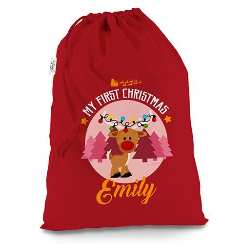 Personalised My First Christmas Reindeer Red Christmas Present Santa Sack Mail Post Bag