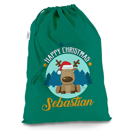 Personalised Merry Christmas Xmas Reindeer Green Christmas Santa Sack Gift Bag