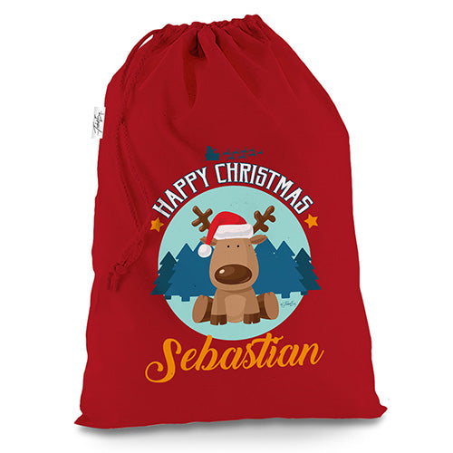 Personalised Merry Christmas Xmas Reindeer Red Christmas Santa Sack Gift Bag