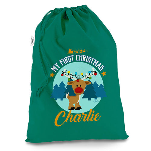 Personalised My First Christmas With Reindeer Green Christmas Santa Sack Gift Bag