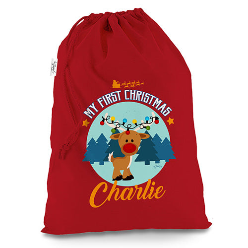 Personalised My First Christmas With Reindeer Red Christmas Present Santa Sack Mail Post Bag