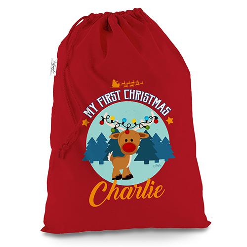 Personalised My First Christmas With Reindeer Red Christmas Santa Sack Gift Bag