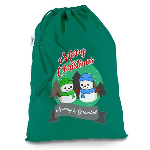 Personalised Snowman Merry Christmas Green Christmas Santa Sack Gift Bag