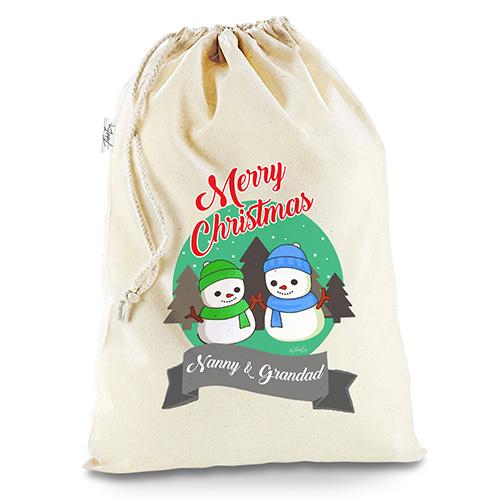 Personalised Snowman Merry Christmas Natural Christmas Santa Sack Mail Post Bag