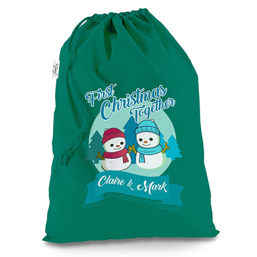 Personalised My First Snowman Christmas Green Christmas Present Santa Sack Mail Post Bag