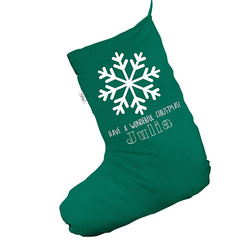 Personalised Wonderful Christmas Snowflake Green Christmas Stocking Gift Bag