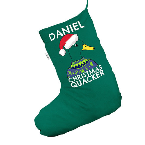 Personalised Christmas Quacker Duck Green Christmas Stocking Gift Bag