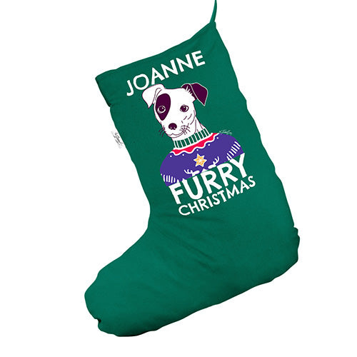 Personalised Furry Christmas Dog Green Christmas Stocking Gift Bag