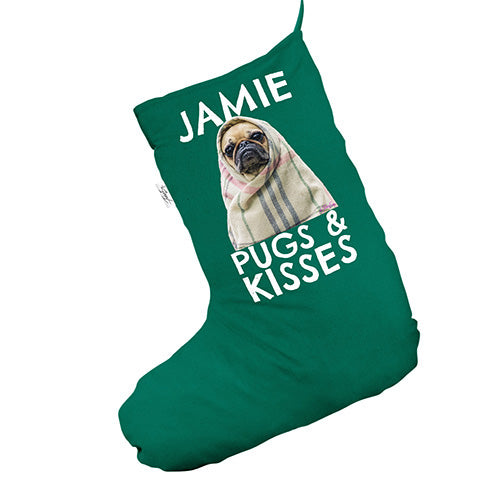 Personalised Christmas Pugs And Kisses Green Santa Claus Christmas Stockings