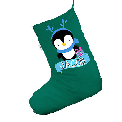 Personalised Cute Penguin Present Green Christmas Stocking