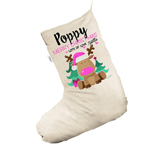 Personalised Pink Reindeer White Christmas Stocking