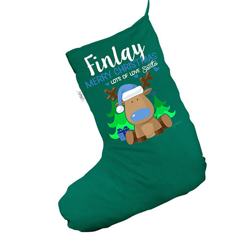 Personalised Blue Reindeer Green Christmas Stocking Gift Bag