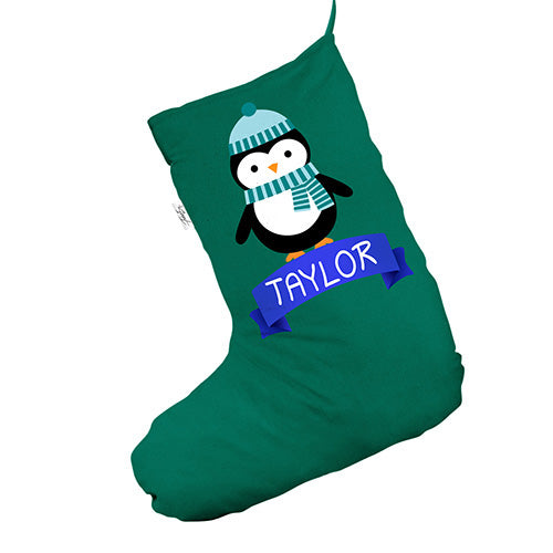 Personalised Cute Penguin Green Santa Claus Christmas Stockings